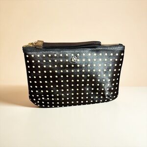 ANN TAYLOR BLACK CALFSKIN LEATHER CLUTCH WITH GOLD TONE LOGO HARDWARE